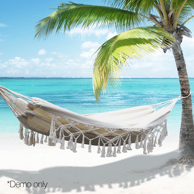 Hammock Swing Bed Boho Cream Tassel 2 Person - Image 3