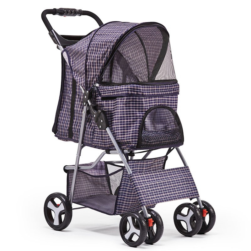 Pet Dog Cat Stroller Pram 4 Wheel Violet Plaid