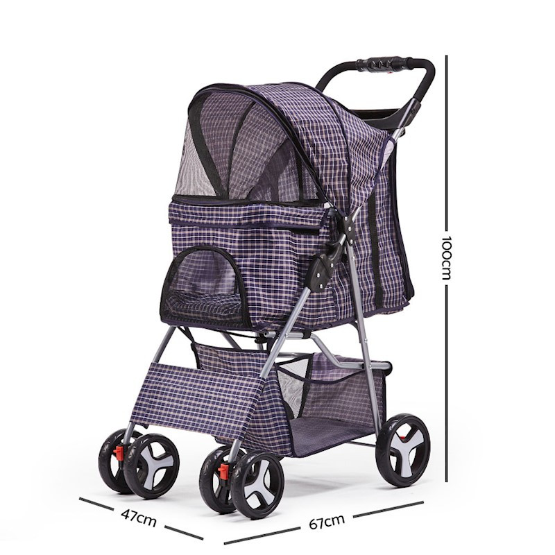 Pet Dog Cat Stroller Pram 4 Wheel Violet Plaid - Image 2
