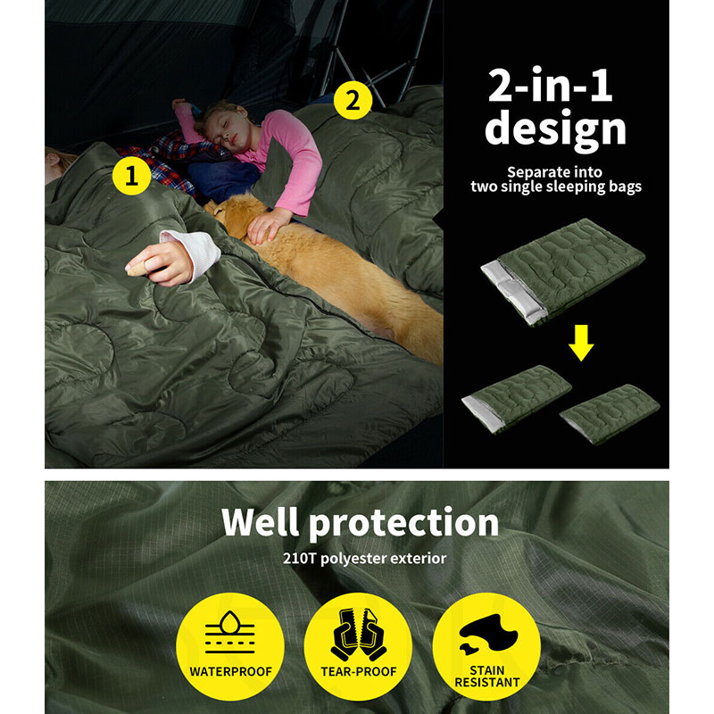 Adults Sleeping Bag Double 210T Thermal Green - Image 2